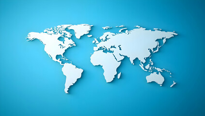 Fototapeta premium 3D world map on a blue background, with a simple white outline shape of the Earth and continents, in a minimalistic design with no shadows