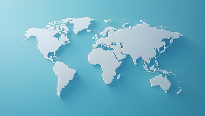 A simple white world map on a blue background, with a flat design, simple shapes, and a 3D rendering.