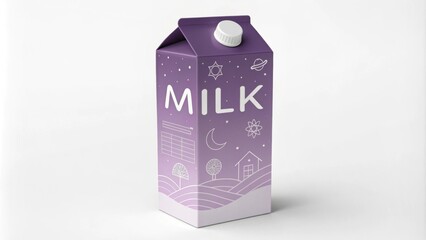Purple milk carton featuring a night sky design with stars, planets, a crescent moon, and a stylized landscape stands on a white background, creating a whimsical and dreamy atmosphere