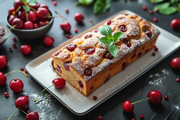 A cherry cake with a mint leaf on top is displayed on a white plate