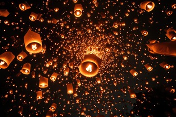 Obraz premium Skyward Swarms: Floating Lanterns Illuminate the Night During New Year's Eve and Yee Peng Festival in Chiang Mai, Thailand