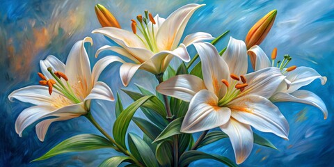 White Lilies on Blue Canvas, Oil Painting, Floral Art, Lily, Flower Art