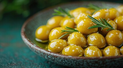 Bowl of marinated green olives with rosemary.
