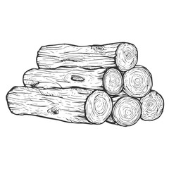 Tree and Wooden Planks for Construction, Hand-Drawn Vector, Graphic Style, Cartoon Illustration, Black and White, Sketch Style, Isolated on White Background