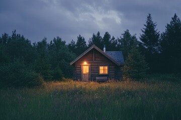 Obraz premium Charming Wooden Cabin House at Dusk: Cozy Exterior Design in a Serene Setting