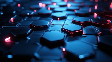 Obraz premium A dark futuristic hexagon grid illuminated by intense, cinematic lighting with bokeh background