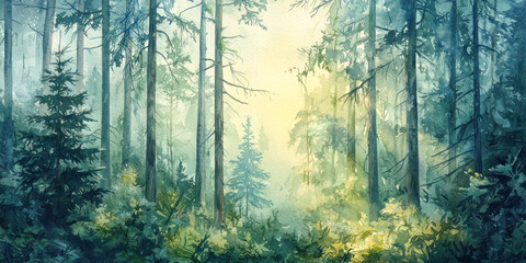 Obraz premium Look for an Evergreen Day watercolor illustration of a misty evergreen forest with soft sunlight filtering through the trees.