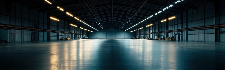 Vast, dark, and empty aircraft hangar: interior view of a desolate aviation facility at night