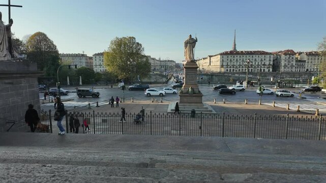Monument to Vittorio Emanuele I of Savoy and Piazza Vittorio Veneto from Gran Madre di Dio church in Turin, Italy