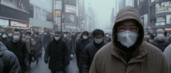 Obraz premium A crowd of people wearing masks move through a foggy urban setting, capturing the shared resilience and adaptation to new realities.