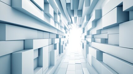 Obraz premium Futuristic corridor with geometric white blocks and bright light at the end, AI