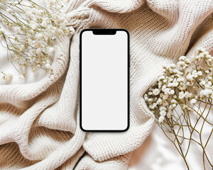 Modern Smartphone Mockup with Winter Decor, Soft Lighting, and Snowy Background &ndash; Perfect for Lifestyle and Product Designs
