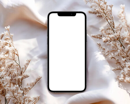 Festive Smartphone Mockup with Blank Screen on Winter Background, Pine Decor, and Warm Lighting – Perfect for Holiday Campaigns - Powered by Adobe
