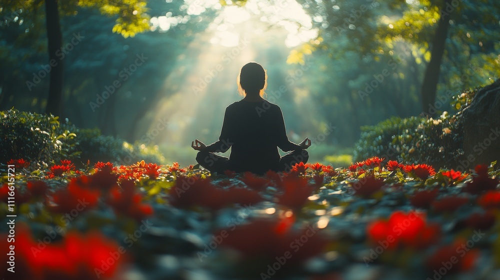 Poster a tranquil garden setting features an individual practicing meditation surrounded by bright red flow