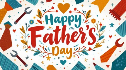 A vibrant illustration of a beautifully designed Father's Day card featuring the text "Happy Father's Day" surrounded by colorful elements like ties, tools, and hearts, celebrating the love and apprec