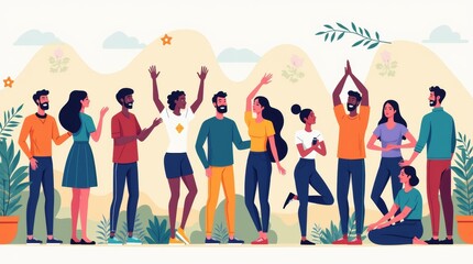 Obraz premium diverse group of people participating in a mental health awareness event, engaging in activities like yoga, meditation, and discussions, promoting mental well-being in a colorful and inviting style