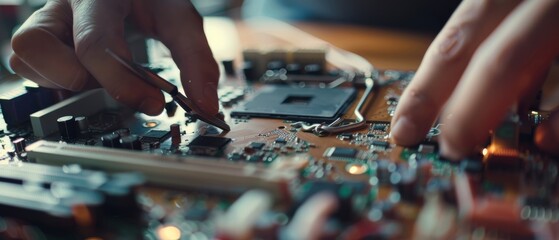Hands skillfully work on a computer motherboard, reflecting technological precision and the intricate art of electronics.