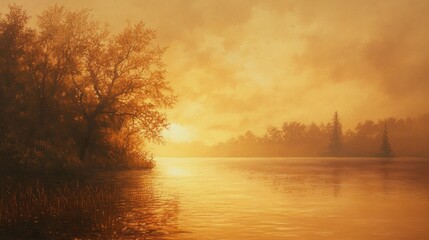 Golden Sunset Over Calm Lake And Trees