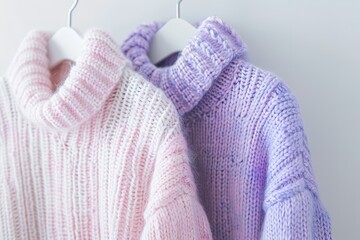 Two knitted sweaters, one pink and one purple, hanging on a clothesline