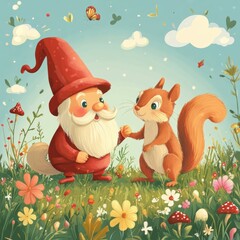 Cute little gnome spirit in Spring garden with a squirrel and flowers