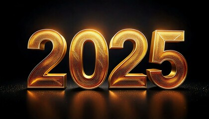 Realistic 2025 golden numbers and festive confetti on black background. Vector holiday illustration. Happy New 2025 Year. New year ornament. 