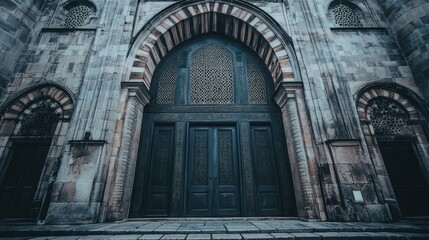 Obraz premium Ornate mosque entrance with dark wooden doors, stone archway, and intricate detailing.