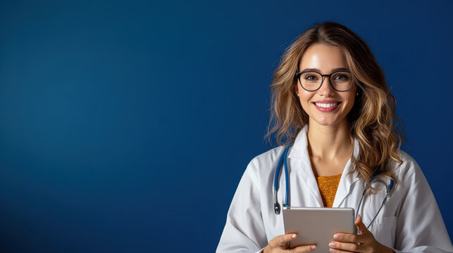 smiling female doctor wearing glasses and white coat holds tablet against blue background - Powered by Adobe