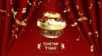 Show time, Cinema and Theatre hall with seats red velvet curtains. Shining light bulbs vintage and luxury festival flyer templates, golden realistic vector, music glowing vintage poster design