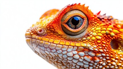 Obraz premium Close-up of a vibrant orange and yellow lizard's head against a white background, showcasing intricate scales and a large eye.