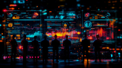 Obraz premium Individuals stand in silhouette, gazing at vibrant digital displays showcasing complex data analytics and visualizations in a modern environment