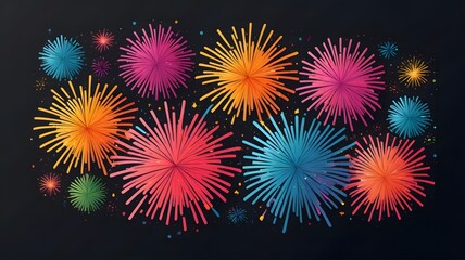 Vector decorative border with colorful exploding fireworks in the sky on transparent background - celebration card, festival banner