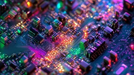 Fototapeta premium Close-up of a Colorful Circuit Board with Illuminated Components