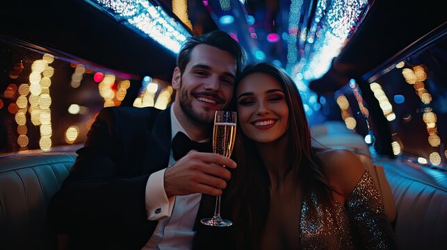 Beautiful young couple celebrating New Year inside a luxury limousine, toasting with champagne.