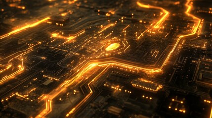 Close-up of a Futuristic Circuit Board with Glowing Orange Lines