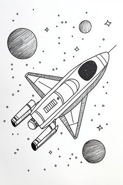 recommend clip art: Illustration of a sleek spaceship traveling through outer space with planets and stars.