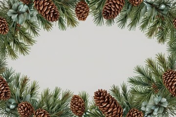 Fototapeta premium Watercolor christmas frame with fir branches, pine cone, cotton, leaves, white background. Botanical winter greenery holiday illustration for wedding invitation card design