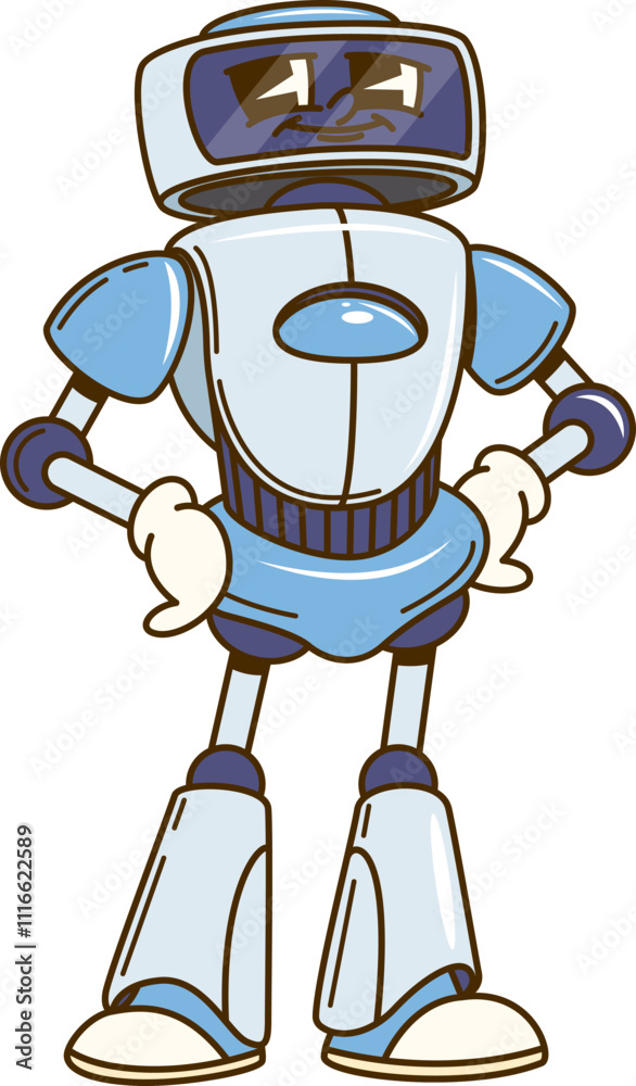 Fototapete Cartoon groovy robot character stands confidently with hands on hips and playful expression. Isolated vector blue futuristic humanoid figure, robotics droid machine retro personage embodies technology