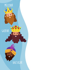 Christmas greeting card, invitation, letter. Three Biblical kings Caspar, Melchior, Balthazar. Vector illustration background. Blank paper banner, copy space.