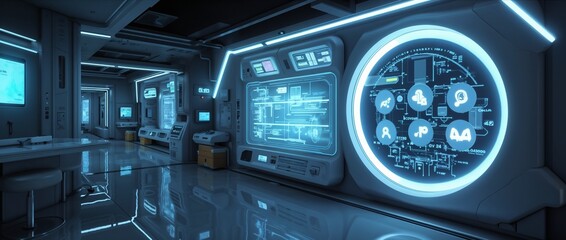 Interior of the apartment of the future, Smart home interface design, holograms