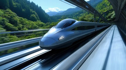 Fototapeta premium Here's a possible and keyword list for your stock photo.. High-speed train travels through lush mountain landscape.