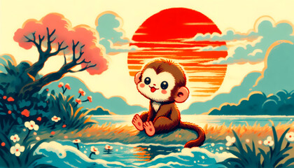 Naklejka premium Cartoon drawing of a cute monkey