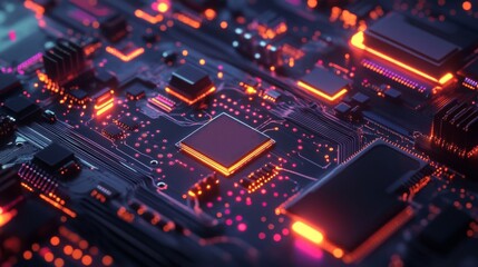 Obraz premium Close-up of a glowing circuit board with a central processor
