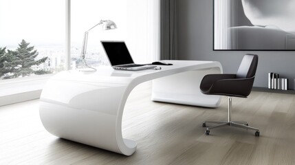 Fototapeta premium Modern white curved desk in bright minimalist home office with laptop, chair, and large window.