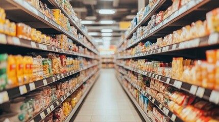 Fototapeta premium Aisle in a Supermarket with Rows of Products on Shelves