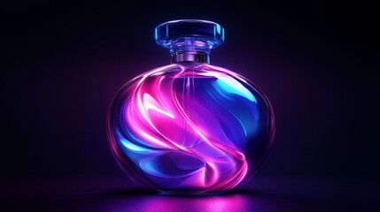 A Glass Bottle of Perfume Illuminated by Neon Lights