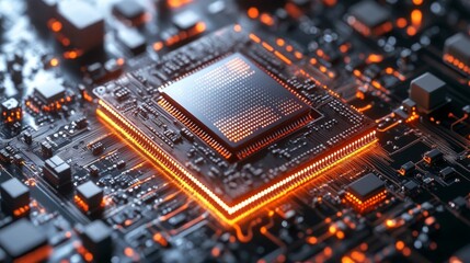 A glowing central processing unit (CPU) chip on a circuit board