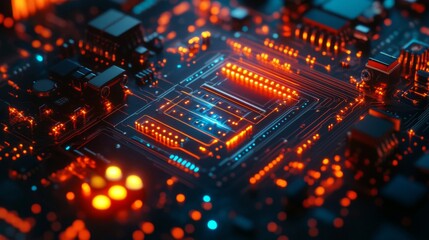 Obraz premium Close-up of an illuminated circuit board with glowing components