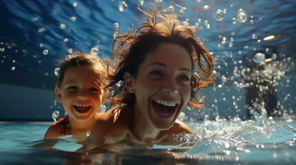 A child splashing and laughing in a swimming pool with a mother, enjoying a fun and sunny day. The water ripples around them as they play together, surrounded by the bright blue of the pool