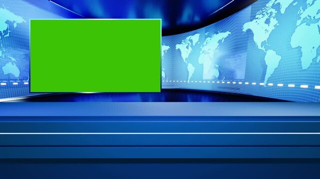World map background with news presenter table with green screen