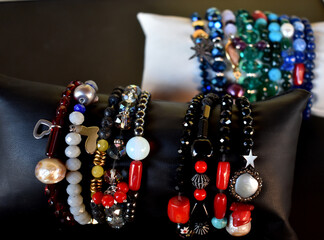 Collection of precious stone beaded bracelets .Handmade jewellery.